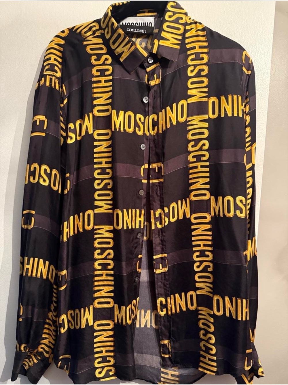 Moschino Authentic Black Button-Up Shirt with Yellow Logo Print Size 40 Med